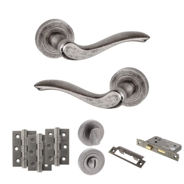 Atlantic Old English Warwick Door Handle Pack (Bathroom Set - 3" CE Bathroom Lock, 3" Fire Rated Hinges x3) - Distressed Silver