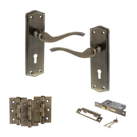 Atlantic Old English Warwick Door Handle Pack (3 Lever Lock Set - 3" CE Sashlock, 3" Fire Rated Hinges x3) - Antique Brass