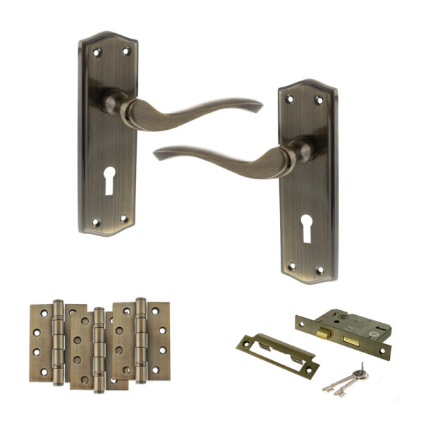 Atlantic Old English Warwick Door Handle Pack (3 Lever Lock Set - 2.5" CE Sashlock, 4" Fire Rated Hinges x3) - Antique Brass