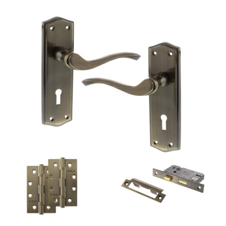 Atlantic Old English Warwick Door Handle Pack (3 Lever Lock Set - 2.5" CE Sashlock, 4" Slim Knuckle Hinges x2) - Antique Brass