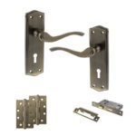 Atlantic Old English Warwick Door Handle Pack (3 Lever Lock Set - 3" CE Sashlock, 4" Slim Knuckle Hinges x2) - Antique Brass