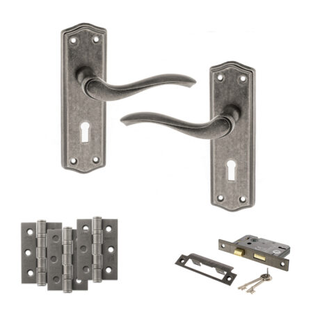Atlantic Old English Warwick Door Handle Pack (3 Lever Lock Set - 3" CE Sashlock, 3" Fire Rated Hinges x3) - Distressed Silver