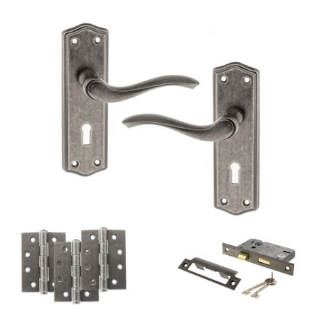 Atlantic Old English Warwick Door Handle Pack (3 Lever Lock Set - 2.5" CE Sashlock, 4" Fire Rated Hinges x3) - Distressed Silver