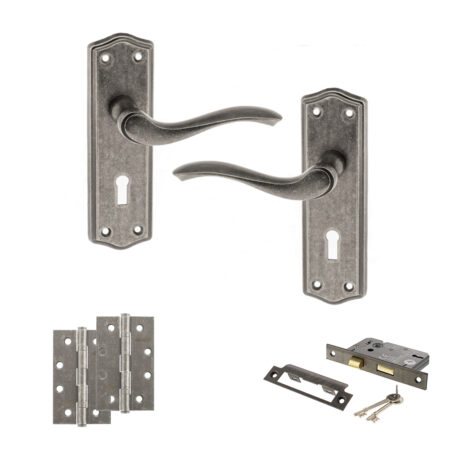 Atlantic Old English Warwick Door Handle Pack (3 Lever Lock Set - 2.5" CE Sashlock, 4" Slim Knuckle Hinges x2) - Distressed Silver
