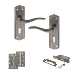 Old English Warwick Door Handle Pack (3 Lever Lock Set - 3" CE Sashlock, 4" Slim Knuckle Hinges x2) - Distressed Silver