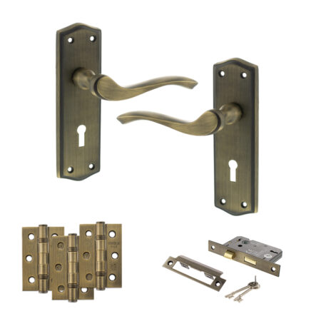 Old English Warwick Door Handle Pack (3 Lever Lock Set - 2.5" CE Sashlock, 3" Fire Rated Hinges x3) - Matt Antique Brass