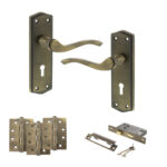 Old English Warwick Door Handle Pack (3 Lever Lock Set - 3" CE Sashlock, 4" Fire Rated Hinges x3) - Matt Antique Brass