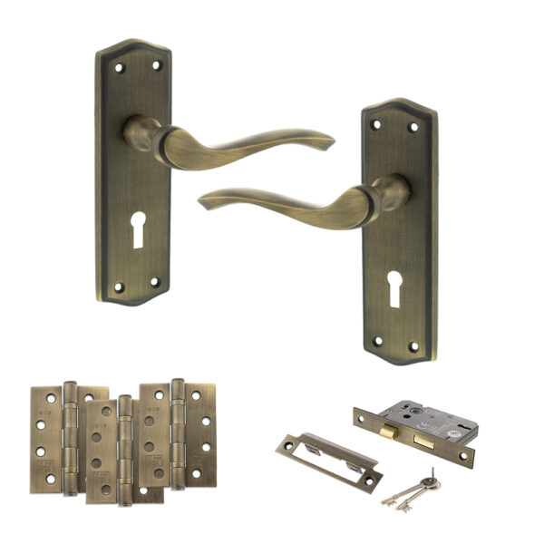 Old English Warwick Door Handle Pack (3 Lever Lock Set - 3" CE Sashlock, 4" Fire Rated Hinges x3) - Matt Antique Brass