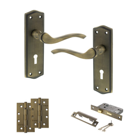 Old English Warwick Door Handle Pack (3 Lever Lock Set - 3" CE Sashlock, 4" Slim Knuckle Hinges x2) - Matt Antique Brass