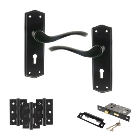 Old English Warwick Door Handle Pack (3 Lever Lock Set - 2.5" CE Sashlock, 3" Fire Rated Hinges x3) - Matt Black