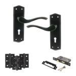 Old English Warwick Door Handle Pack (3 Lever Lock Set - 3" CE Sashlock, 3" Fire Rated Hinges x3) - Matt Black