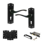 Old English Warwick Door Handle Pack (3 Lever Lock Set - 3" CE Sashlock, 4" Fire Rated Hinges x3) - Matt Black