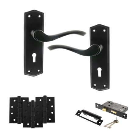 Old English Warwick Door Handle Pack (3 Lever Lock Set - 3" CE Sashlock, 4" Fire Rated Hinges x3) - Matt Black