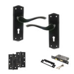 Old English Warwick Door Handle Pack (3 Lever Lock Set - 3" CE Sashlock, 4" Slim Knuckle Hinges x2) - Matt Black