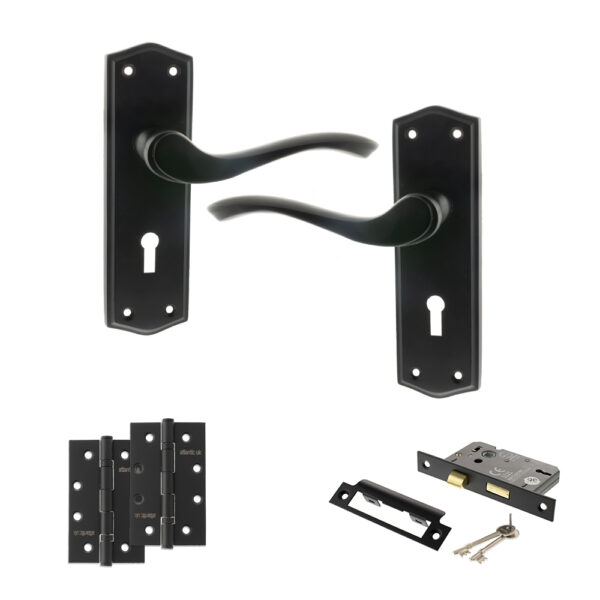 Old English Warwick Door Handle Pack (3 Lever Lock Set - 3" CE Sashlock, 4" Slim Knuckle Hinges x2) - Matt Black