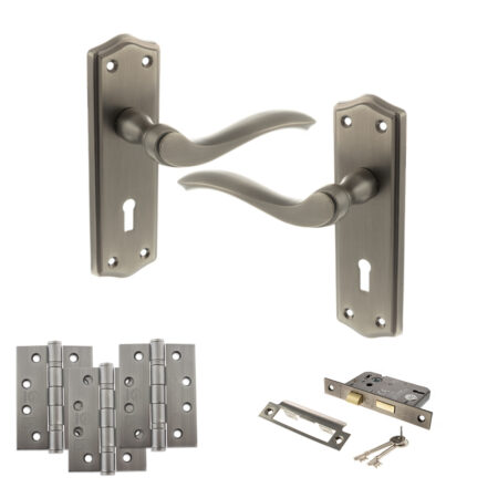 Old English Warwick Door Handle Pack (3 Lever Lock Set - 3" CE Sashlock, 4" Fire Rated Hinges x3) - Matt Gun Metal