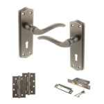 Old English Warwick Door Handle Pack (3 Lever Lock Set - 3" CE Sashlock, 4" Slim Knuckle Hinges x2) - Matt Gun Metal