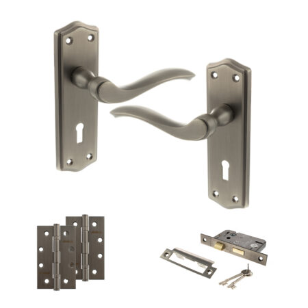 Old English Warwick Door Handle Pack (3 Lever Lock Set - 3" CE Sashlock, 4" Slim Knuckle Hinges x2) - Matt Gun Metal