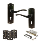 Old English Warwick Door Handle Pack (3 Lever Lock Set - 3" CE Sashlock, 3" Fire Rated Hinges x3) - Urban Dark Bronze