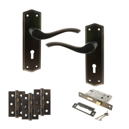 Old English Warwick Door Handle Pack (3 Lever Lock Set - 3" CE Sashlock, 3" Fire Rated Hinges x3) - Urban Dark Bronze