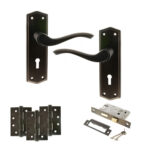 Old English Warwick Door Handle Pack (3 Lever Lock Set - 3" CE Sashlock, 4" Fire Rated Hinges x3) - Urban Dark Bronze