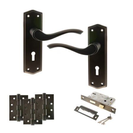 Old English Warwick Door Handle Pack (3 Lever Lock Set - 3" CE Sashlock, 4" Fire Rated Hinges x3) - Urban Dark Bronze