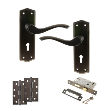 Old English Warwick Door Handle Pack (3 Lever Lock Set - 2.5" CE Sashlock, 4" Slim Knuckle Hinges x2) - Urban Dark Bronze