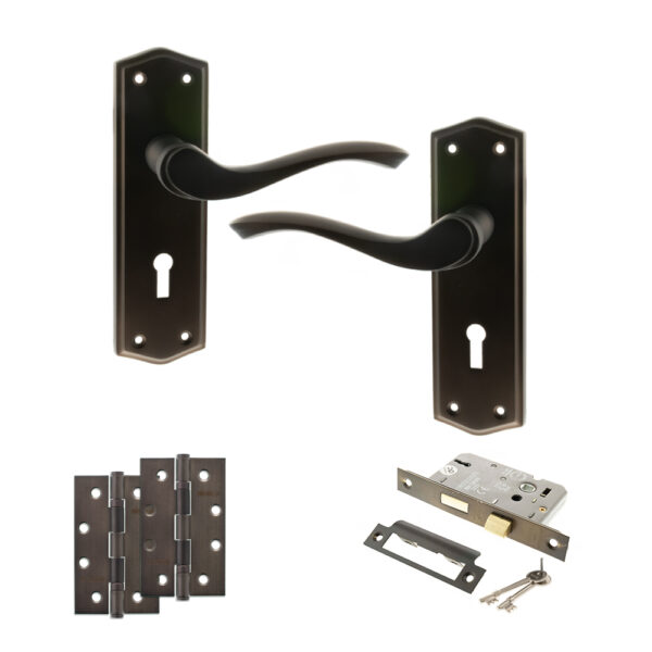 Old English Warwick Door Handle Pack (3 Lever Lock Set - 3" CE Sashlock, 4" Slim Knuckle Hinges x2) - Urban Dark Bronze