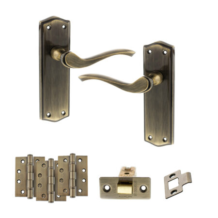 Old English Warwick Door Handle Pack (Latch Set - 2.5" CE Latch, 4" Fire Rated Hinges x3) - Antique Brass