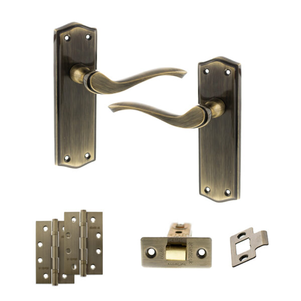 Old English Warwick Door Handle Pack (Latch Set - 2.5" CE Latch, 4" Slim Knuckle Hinges x2) - Antique Brass