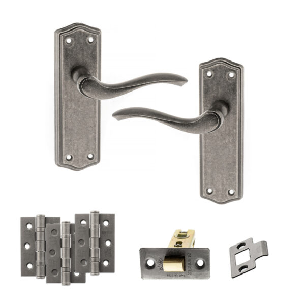 Old English Warwick Door Handle Pack (Latch Set - 2.5" CE Latch, 3" Fire Rated Hinges x3) - Distressed Silver