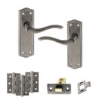 Old English Warwick Door Handle Pack (Latch Set - 3" CE Latch, 3" Fire Rated Hinges x3) - Distressed Silver