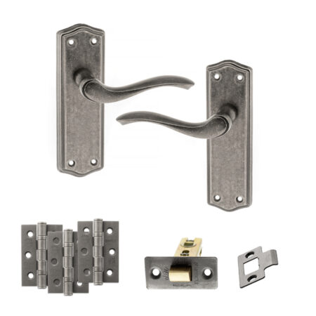 Old English Warwick Door Handle Pack (Latch Set - 3" CE Latch, 3" Fire Rated Hinges x3) - Distressed Silver
