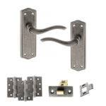 Old English Warwick Door Handle Pack (Latch Set - 3" CE Latch, 4" Fire Rated Hinges x3) - Distressed Silver