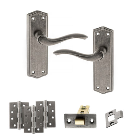 Old English Warwick Door Handle Pack (Latch Set - 3" CE Latch, 4" Fire Rated Hinges x3) - Distressed Silver