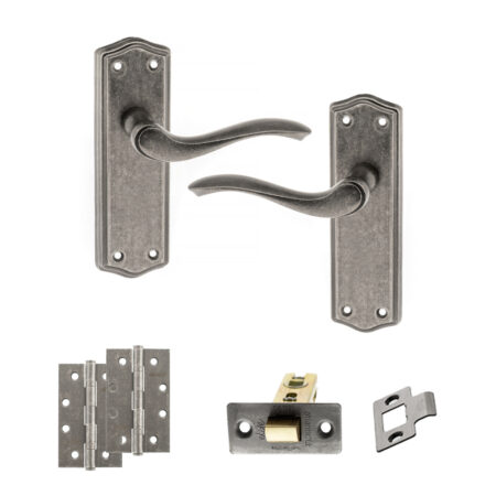 Old English Warwick Door Handle Pack (Latch Set - 3" CE Latch, 4" Slim Knuckle Hinges x2) - Distressed Silver