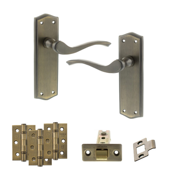 Old English Warwick Door Handle Pack (Latch Set - 2.5" CE Latch, 3" Fire Rated Hinges x3) - Matt Antique Brass