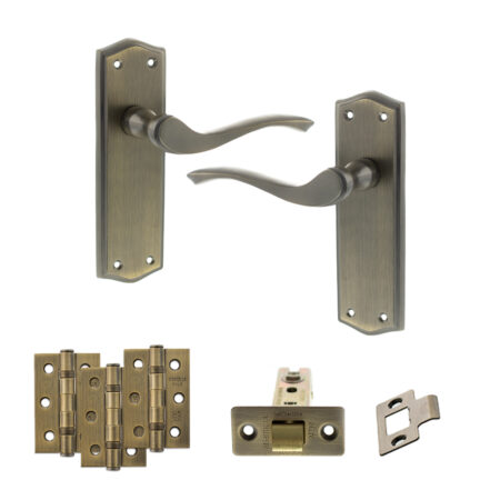 Old English Warwick Door Handle Pack (Latch Set - 3" CE Latch, 3" Fire Rated Hinges x3) - Matt Antique Brass