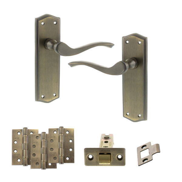 Old English Warwick Door Handle Pack (Latch Set - 2.5" CE Latch, 4" Fire Rated Hinges x3) - Matt Antique Brass