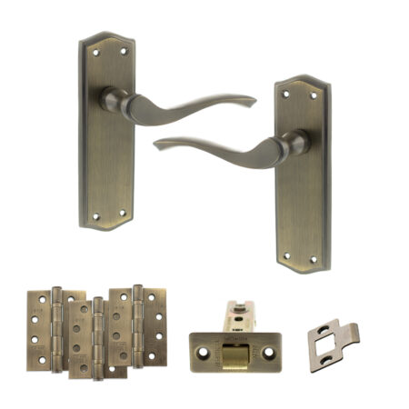 Old English Warwick Door Handle Pack (Latch Set - 3" CE Latch, 4" Fire Rated Hinges x3) - Matt Antique Brass