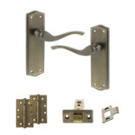 Old English Warwick Door Handle Pack (Latch Set - 2.5" CE Latch, 4" Slim Knuckle Hinges x2) - Matt Antique Brass
