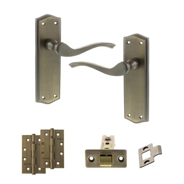 Old English Warwick Door Handle Pack (Latch Set - 3" CE Latch, 4" Slim Knuckle Hinges x2) - Matt Antique Brass