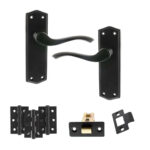 Old English Warwick Door Handle Pack (Latch Set - 3" CE Latch, 3" Fire Rated Hinges x3) - Matt Black