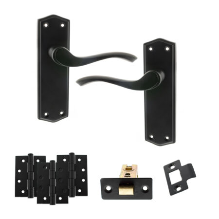 Old English Warwick Door Handle Pack (Latch Set - 3" CE Latch, 4" Fire Rated Hinges x3) - Matt Black