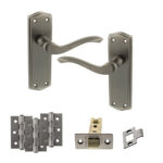 Old English Warwick Door Handle Pack (Latch Set - 2.5" CE Latch, 3" Fire Rated Hinges x3) - Matt Gun Metal