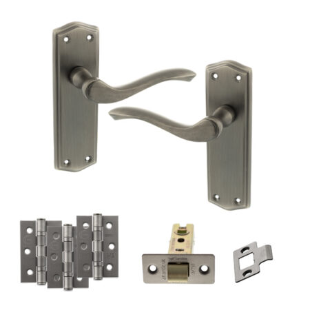 Old English Warwick Door Handle Pack (Latch Set - 3" CE Latch, 3" Fire Rated Hinges x3) - Matt Gun Metal