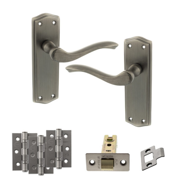 Old English Warwick Door Handle Pack (Latch Set - 3" CE Latch, 3" Fire Rated Hinges x3) - Matt Gun Metal