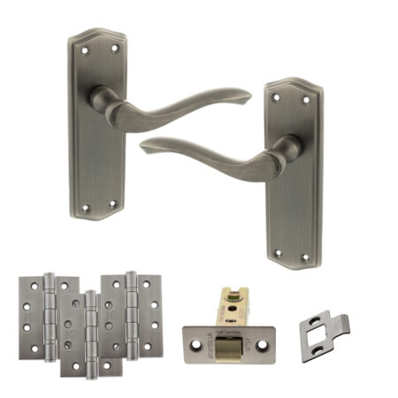Old English Warwick Door Handle Pack (Latch Set - 3" CE Latch, 4" Fire Rated Hinges x3) - Matt Gun Metal
