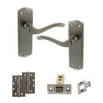 Old English Warwick Door Handle Pack (Latch Set - 2.5" CE Latch, 4" Slim Knuckle Hinges x2) - Matt Gun Metal