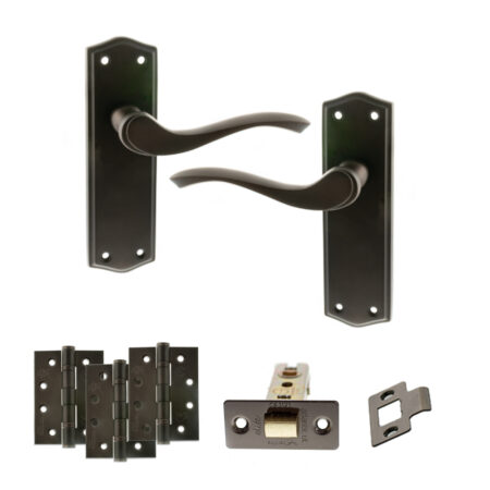Old English Warwick Door Handle Pack (Latch Set - 3" CE Latch, 4" Fire Rated Hinges x3) - Urban Dark Bronze